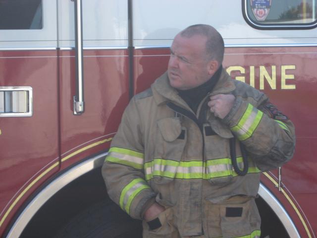 Firefighter John Poole after a burn drill.